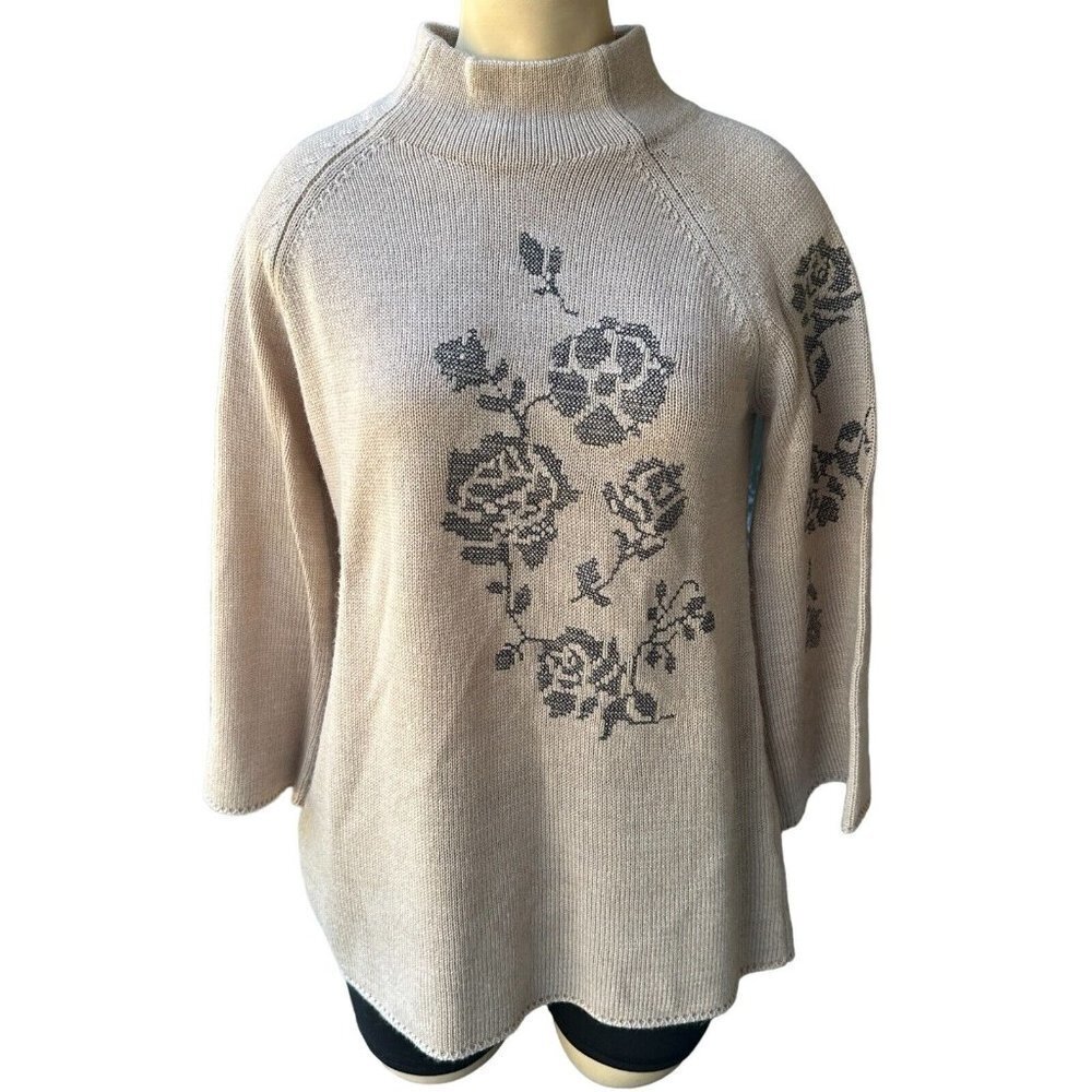 Creation Sweater Women's Size 4 Cowl Pullover Beige Floral Long‎ Sleeve Knit